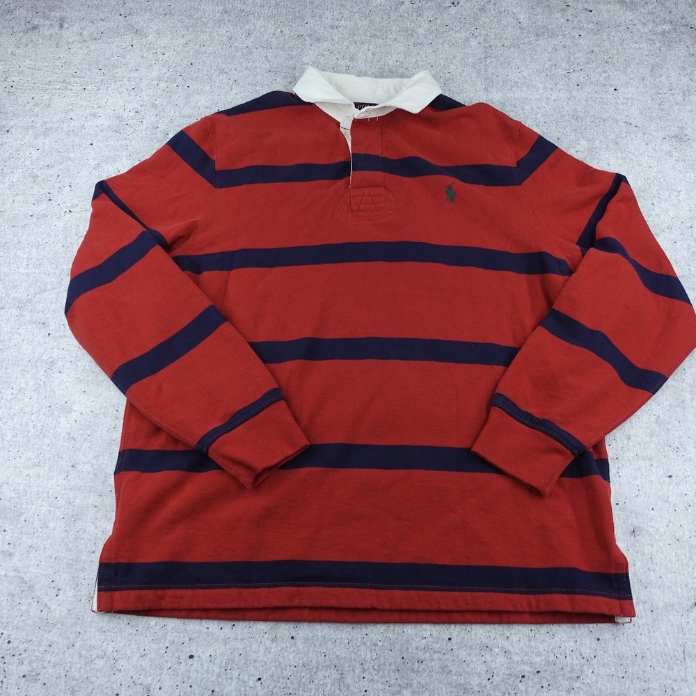 Polo Ralph Lauren Mens Fleece Lined Striped Rugby Shirt Red Navy Blue Large